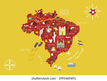 Brazil illustrated flat map vector on yellow backdrop,geographic cartoon banner template with landmarks, museum, church, traditional food, Brazilian carnival, animal, flowers, design for travel poster