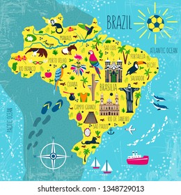 Brazil illustrated map vector, South America geographic cartoon banner template with landmarks, museum, church, traditional food, Brazilian carnival, animal and flowers, design for travel poster, card