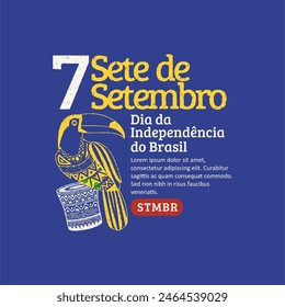 Brazil independence day 7 de setembro with illustrations of handdrawn guitars and Brazilian hand drums. Trendy grunge stamp brazil independence day Social Media Post.