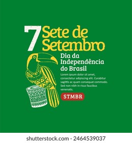 Brazil independence day 7 de setembro with illustrations of handdrawn guitars and Brazilian hand drums. Trendy grunge stamp brazil independence day Social Media Post.