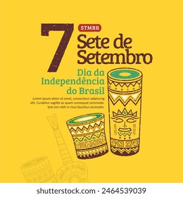 Día de la Independencia de Brasil 7 de setiembre con ilustraciones de guitarras y tambores de mano brasileños. Estampilla de grunge de moda en el día de la independencia de Brasil.