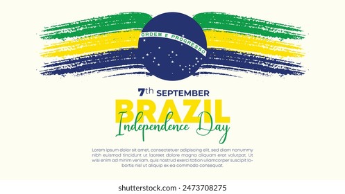 Tag der Unabhängigkeit Brasiliens am 7. September. Unabhängigkeitstag Web Banner Hintergrund mit Brasilien-Flagge. Happy Brazil National Festliche Musik Freedom Day Vorlage für Broschüre, Cover, Poster, Kopfzeile, Einladungskarte