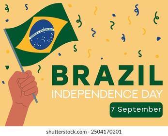 Día de la independencia de Brasil, 7 de septiembre, bandera de Brasil en mano. Tarjeta de felicitación, cartel, Plantilla de Anuncio	