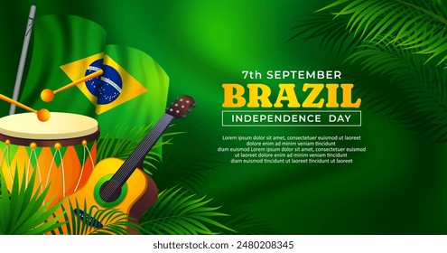 Brazil Independence day 7th september banner design with brazilian elements and tropical leaves Translation: order and progress