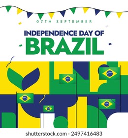 Brazil Independence Day. 7th September celebrating Independence of Brazil day banner with its flags, abstract art elements, shapes in its flag colours. The country become independent in 1822.