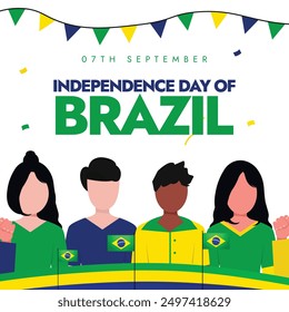 Brazil Independence Day. 7th September Independence day of Brazil celebration banner, social media post with its people holding its flags. The country become independent in 1822 from Portugal.