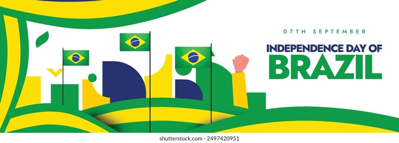 Brasil Día de la Independencia 7 de septiembre. El día de la independencia de Brasil cubre el Anuncio con sus banderas, las manos en el aire representan la unidad. 202 años del país ya que obtuvo la libertad en 1822 de Portugal .