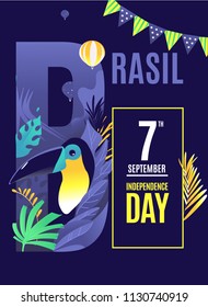 Brazil Independence Day.  abstract background design coupon banner and flyer, postcard, landscape, celebration vector illustration colored parrot toucan, palm in the jungle in letter 