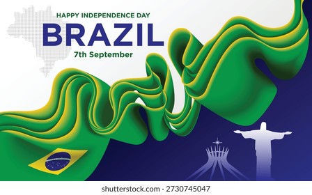 Brazil Independence Day Background with Green Yellow Blue Ribbon and National Landmarks