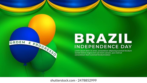 Brazil Independence day background, with waving Silk Flag and balloon vector Illustration. Translation: order and progress