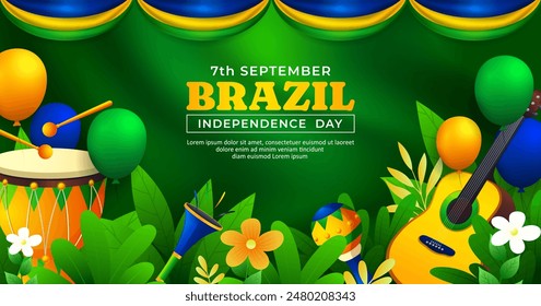 Brazil Independence Day banner design, 7th september celebration with colorful elements and tropical leaves