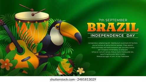 Brazil Independence Day banner design, toucan bird with brazilian flag and tropical leaves and plants