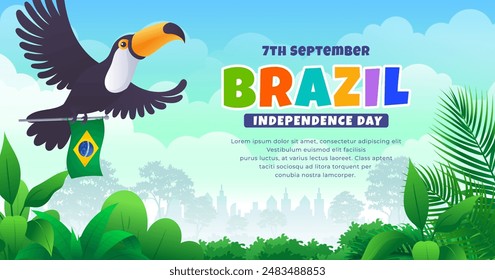 Brazil Independence Day banner design, toucan bird flying and holding flag at tropical landscape Translation: order and progress