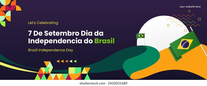 Banner del Día de la Independencia de Brasil en estilo geométrico moderno y colorido. Tarjeta de felicitación del Día de la Independencia Nacional con tipografía. Fondo horizontal para la fiesta de celebración de la fiesta nacional