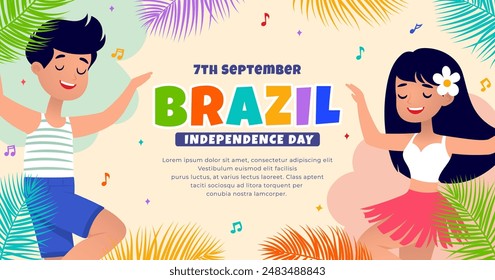 Brazil Independence Day Banner, a pair of children dancing samba with flat design vector illustration