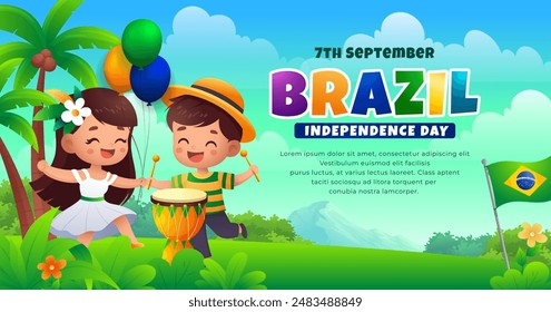 Brazil Independence Day Banner, a pair of children dancing samba with flag and tropical landscape Translation: order and progress