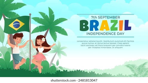 Brazil Independence Day cartoon Banner, a pair of children dancing samba with flag and tropical plants Translation: order and progress