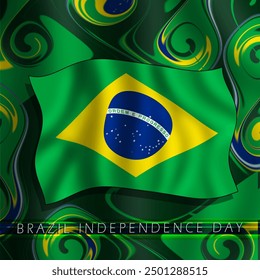 Brazil Independence Day event banner. Brazilian flag flying on abstract dark green background to celebrate on September 7th