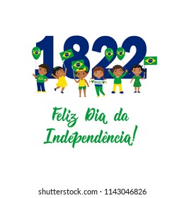 Brazil Independence Day greeting card. text in portuguese: Happy Independence Day, 1822. graphic design to the Brazil holiday, kids icon, children logo