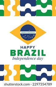 Brazil Independence Day. Happy national holiday. Freedom day. Celebrate annual in September 7. Brazil flag. Patriotic brazilian design. Poster, card, banner, template, background. Vector illustration