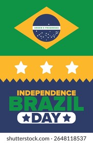 Dia da Independência do Brasil. Feliz feriado nacional. Dia da Liberdade. Comemore anualmente em 7 de setembro. Bandeira do Brasil. Design brasileiro patriótico. Cartaz, cartão, faixa, modelo, fundo. Ilustração vetorial