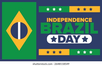 Dia da Independência do Brasil. Feliz feriado nacional. Dia da Liberdade. Comemore anualmente em 7 de setembro. Bandeira do Brasil. Design brasileiro patriótico. Cartaz, cartão, faixa, modelo, fundo. Ilustração vetorial