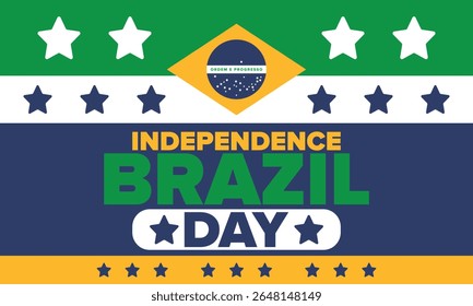 Dia da Independência do Brasil. Feliz feriado nacional. Dia da Liberdade. Comemore anualmente em 7 de setembro. Bandeira do Brasil. Design brasileiro patriótico. Cartaz, cartão, faixa, modelo, fundo. Ilustração vetorial