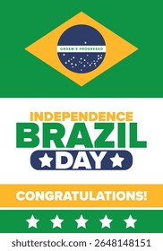 Dia da Independência do Brasil. Feliz feriado nacional. Dia da Liberdade. Comemore anualmente em 7 de setembro. Bandeira do Brasil. Design brasileiro patriótico. Cartaz, cartão, faixa, modelo, fundo. Ilustração vetorial