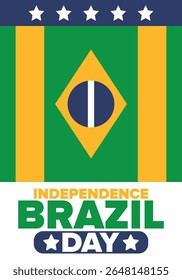 Dia da Independência do Brasil. Feliz feriado nacional. Dia da Liberdade. Comemore anualmente em 7 de setembro. Bandeira do Brasil. Design brasileiro patriótico. Cartaz, cartão, faixa, modelo, fundo. Ilustração vetorial