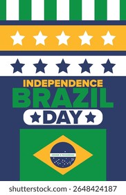 Dia da Independência do Brasil. Feliz feriado nacional. Dia da Liberdade. Comemore anualmente em 7 de setembro. Bandeira do Brasil. Design brasileiro patriótico. Cartaz, cartão, faixa, modelo, fundo. Ilustração vetorial