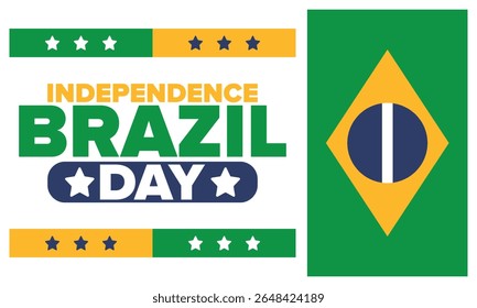Dia da Independência do Brasil. Feliz feriado nacional. Dia da Liberdade. Comemore anualmente em 7 de setembro. Bandeira do Brasil. Design brasileiro patriótico. Cartaz, cartão, faixa, modelo, fundo. Ilustração vetorial