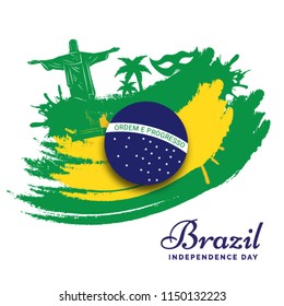 Brazil Independence Day poster or banner design with illustration of famous Brazil elements and abstract brush stroke in National Flag colors.