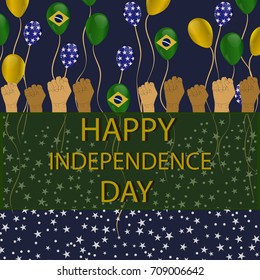 Brazil independence day poster template with Brazilian flag on balloons,hands of victory and stars.For happy independence day greeting cards design.Vector illustration.