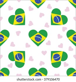 Brazil independence day seamless pattern. Patriotic country flag background. Brazil flag in the shape of heart. Vector seamless pattern.