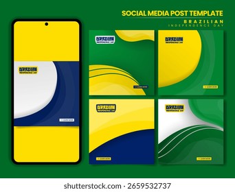 Unabhängigkeitstag in Brasilien. Set von Karussellpfosten auf grüngelbblauem Hintergrund mit wellenförmigen Formen Design. Brasilianisches Kampagnendesign für Nationalfeiertage