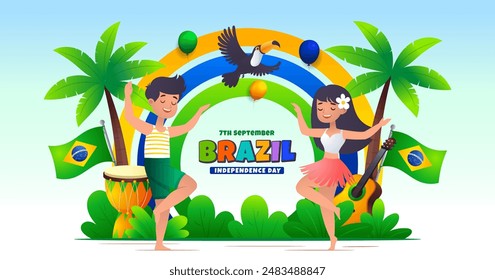 Brazil Independence Day sign, a pair of children dancing samba with colorful brazilian elements decoration Translation: order and progress