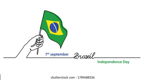 Brazil independence day simple web banner, background with flag and hand. One continuous line drawing with lettering Brazil.