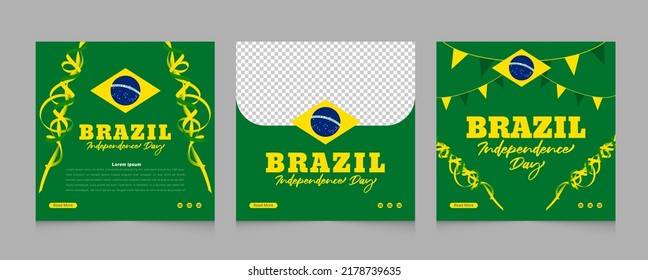 Brazil Independence day social media post design set with colorful ribbon and geometric