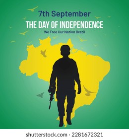 Brazil Independence Day Social Media Post, Greeting Card, Vector Illustration. 7th of September Brazilian National Holiday Day Background with Elements of National Color, Map, Army, Pigeon.