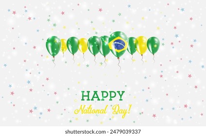 Brazil Independence Day Sparkling Patriotic Poster. Row of Balloons in Colors of the Brazilian Flag. Greeting Card with National Flags, Confetti and Stars.