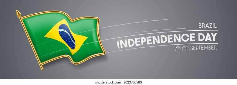 Brazil independence day vector banner, greeting card. Brazilian wavy flag in 7th of September patriotic holiday horizontal design with realistic badge