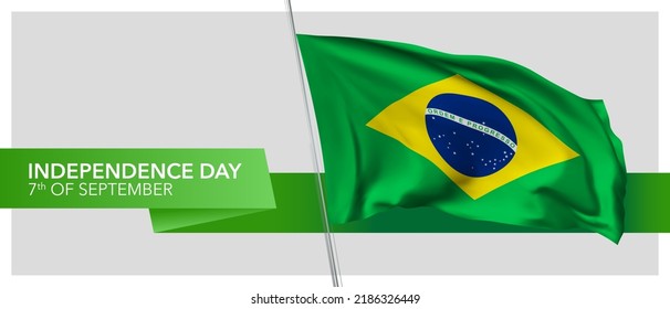 Banner vectorial del día de la independencia de Brasil, tarjeta de saludo. Bandera ondulada brasileña en diseño horizontal patriótico de vacaciones el 7 de septiembre