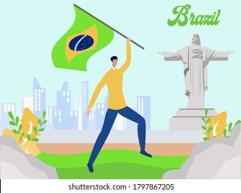 Brazil Independence Day vector concept: man waving Brazil national flag near Christ the Redeemer statue