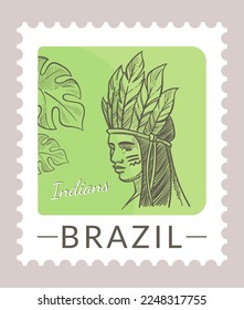 Brazil indigenous people, postmark on postcard with portrait of man personage with leaves. Postal mark or card, mailing letter and correspondence. Monochrome sketch outline. Vector in flat style