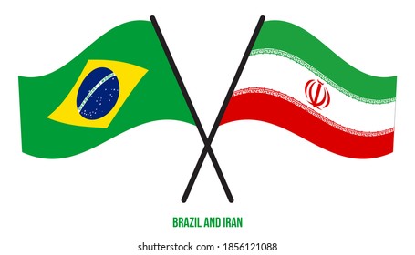 Brazil and Iran Flags Crossed And Waving Flat Style. Official Proportion. Correct Colors.