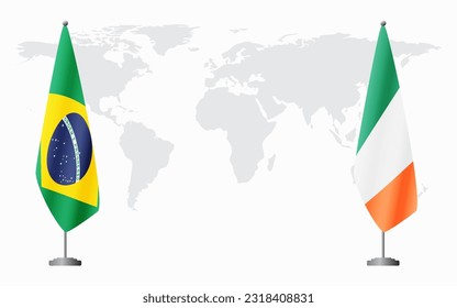 Brazil and Ireland flags for official meeting against background of world map, vector