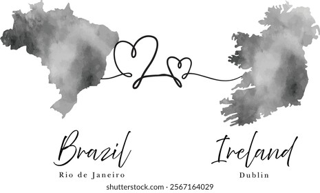 Brazil and Ireland  with their maps and capitals, valentine theme Brazil and Ireland maps with line hearts connecting