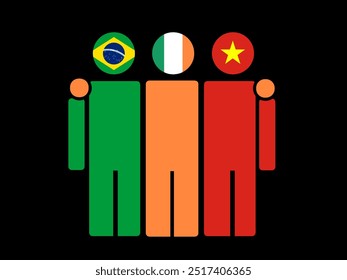 Banderas nacionales de Brasil, Irlanda y Vietnam con cuerpo abrazado. Ilustración vectorial. Fondo aislado.