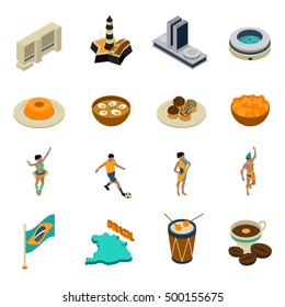 Brazil isometric touristic icons set with football and dancing symbols isolated vector illustration 