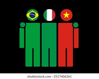 Brazil, Italy, and Vietnam National Flags With Embracing Body. Vector Illustration. Isolated background.